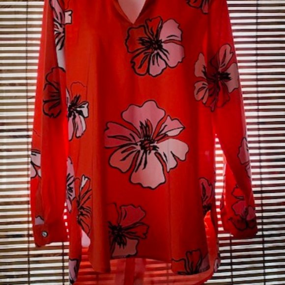 Vince Camuto Bright Orange & Pink Tropcial Hibiscus Blooms Blouse - Picture 6 of 14